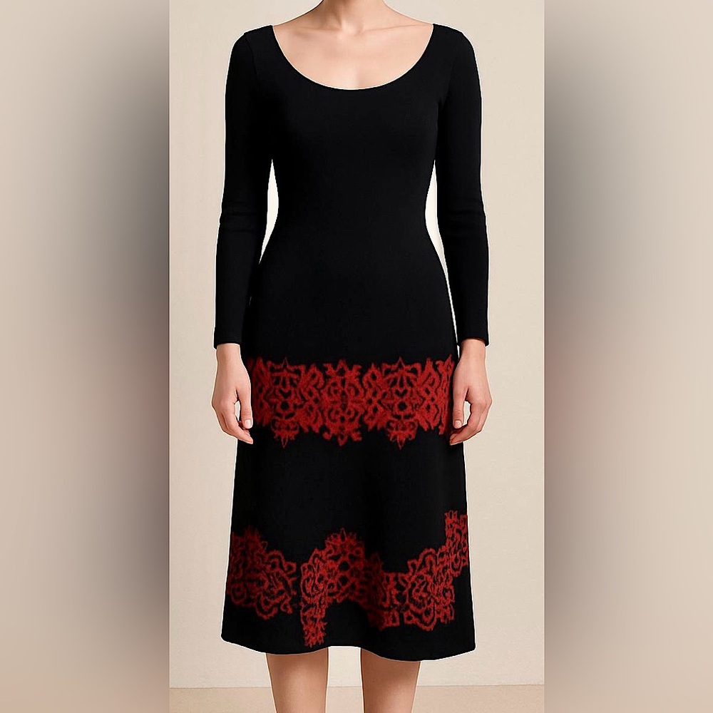 Julian Taylor Black Red Geometric Print SZ S Modern Contemporary Chic Knit Dress